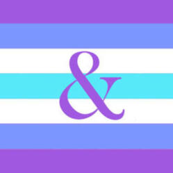 a flag with seven horizontal stripes. from top to bottom their colours are purple, blue, white, cyan, white, blue and purple. in the middle is a purple ampersand.